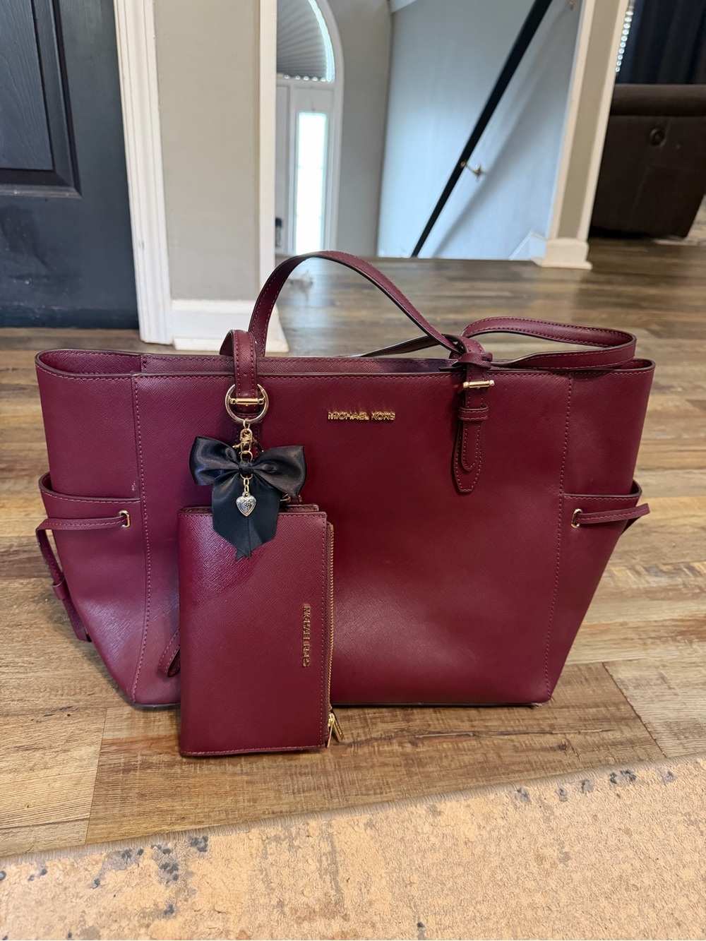Michael Kors Wine Saffiano Leather Tote with Matching Wristlet